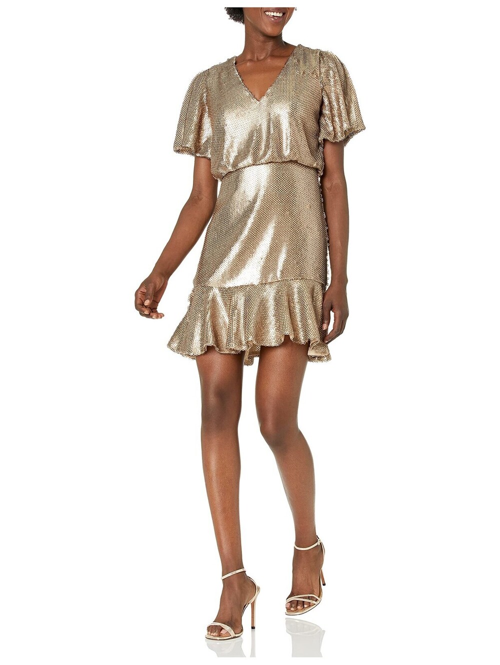 ML Monique Lhuillier Women's Short Sleeve Sequins Dress Dress, Gold Size 6